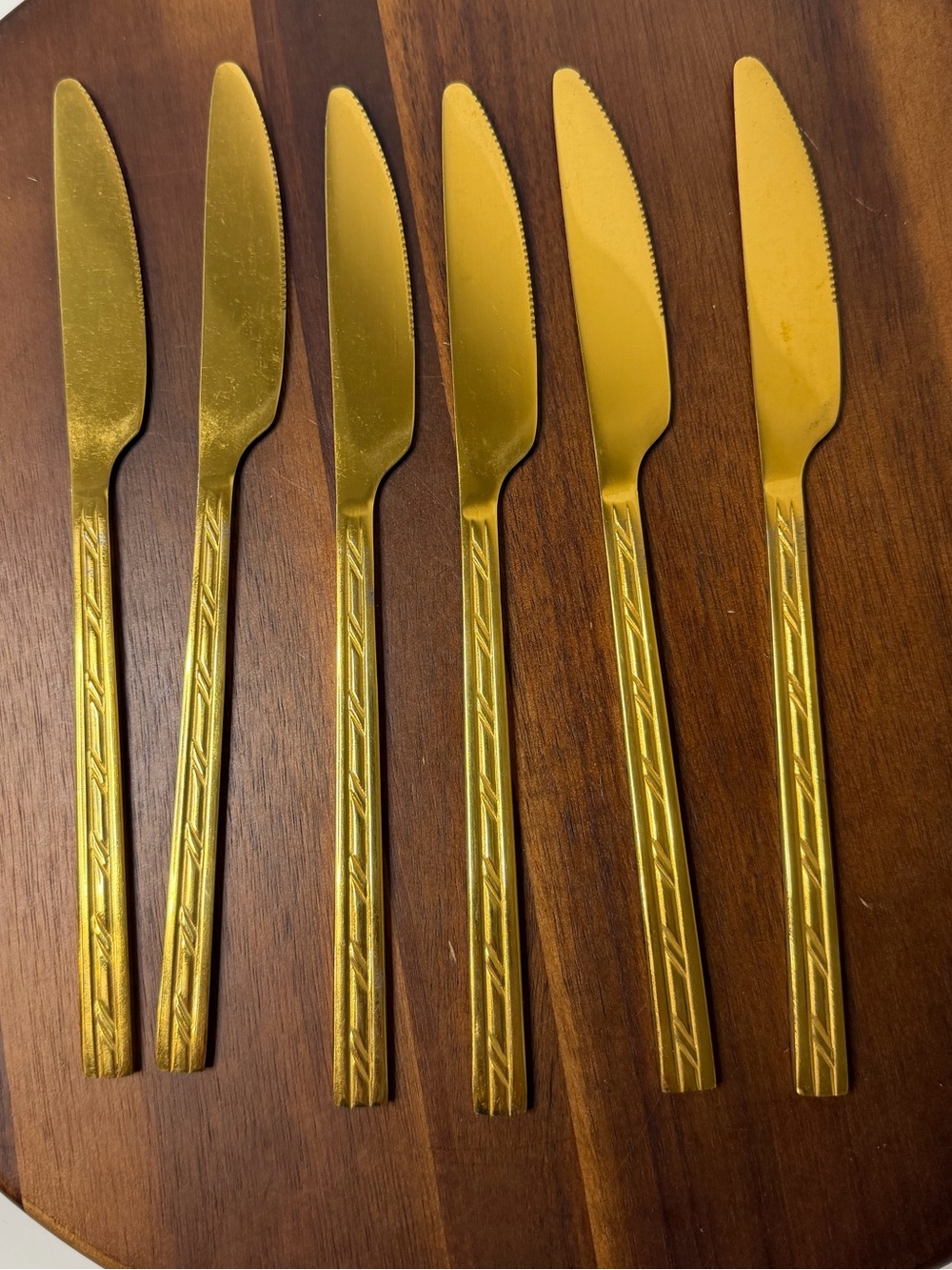 Set of 6 Gold Stainless Steel Dinner Knives Engraved Geometric Flatware